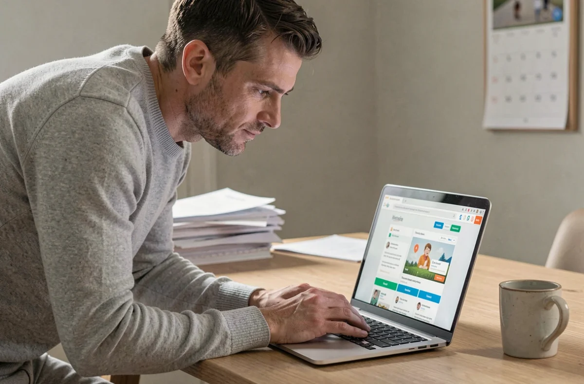 Professeur consultant le portail IProf Versailles sur son ordinateur portable depuis son bureau à domicile