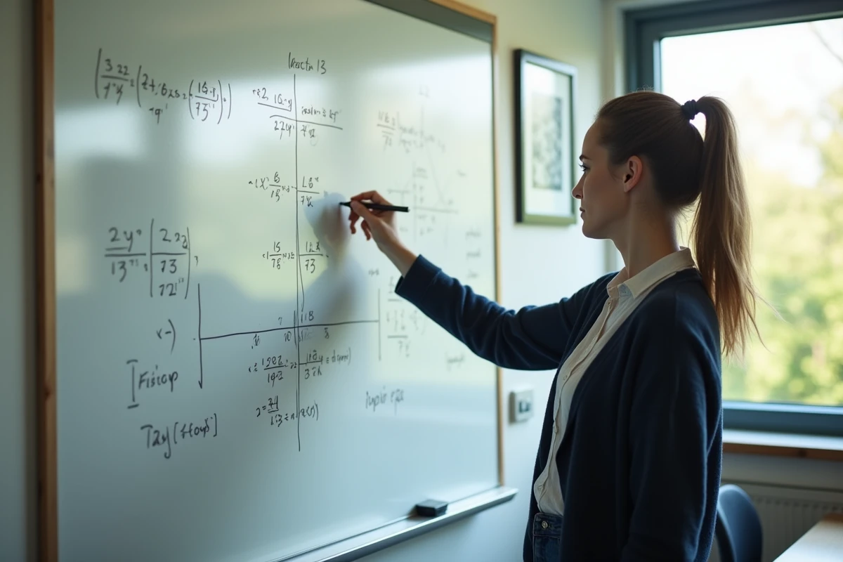 Professeure expliquant des calculs vectoriels devant un tableau blanc