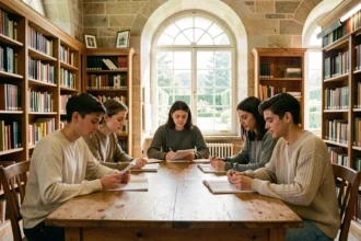 Groupe d'étudiants travaillant ensemble dans une bibliothèque régionale du Centre-Val de Loire, illustrant le soutien scolaire à domicile