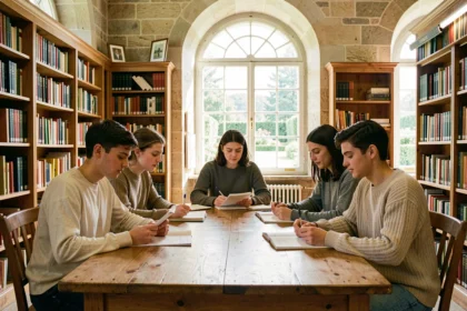 Groupe d'étudiants travaillant ensemble dans une bibliothèque régionale du Centre-Val de Loire, illustrant le soutien scolaire à domicile