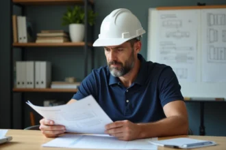 Professionnel du BTP consultant un guide de formation avec liste de prix sur un bureau en bois
