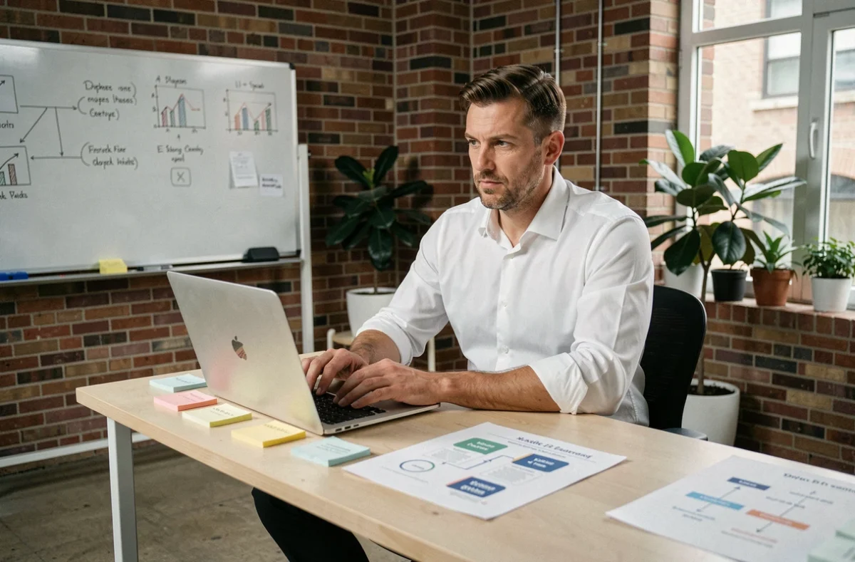 Professionnel de la tech assis à un bureau minimaliste dans un incubateur de startups parisien entouré de notes et de tableaux blancs
