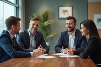 Quatre dirigeants d'entreprise en réunion collaborative