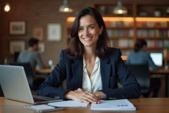 Jeune femme consultant sa candidature sur un ordinateur portable dans un espace de co-working dédié aux métiers culturels