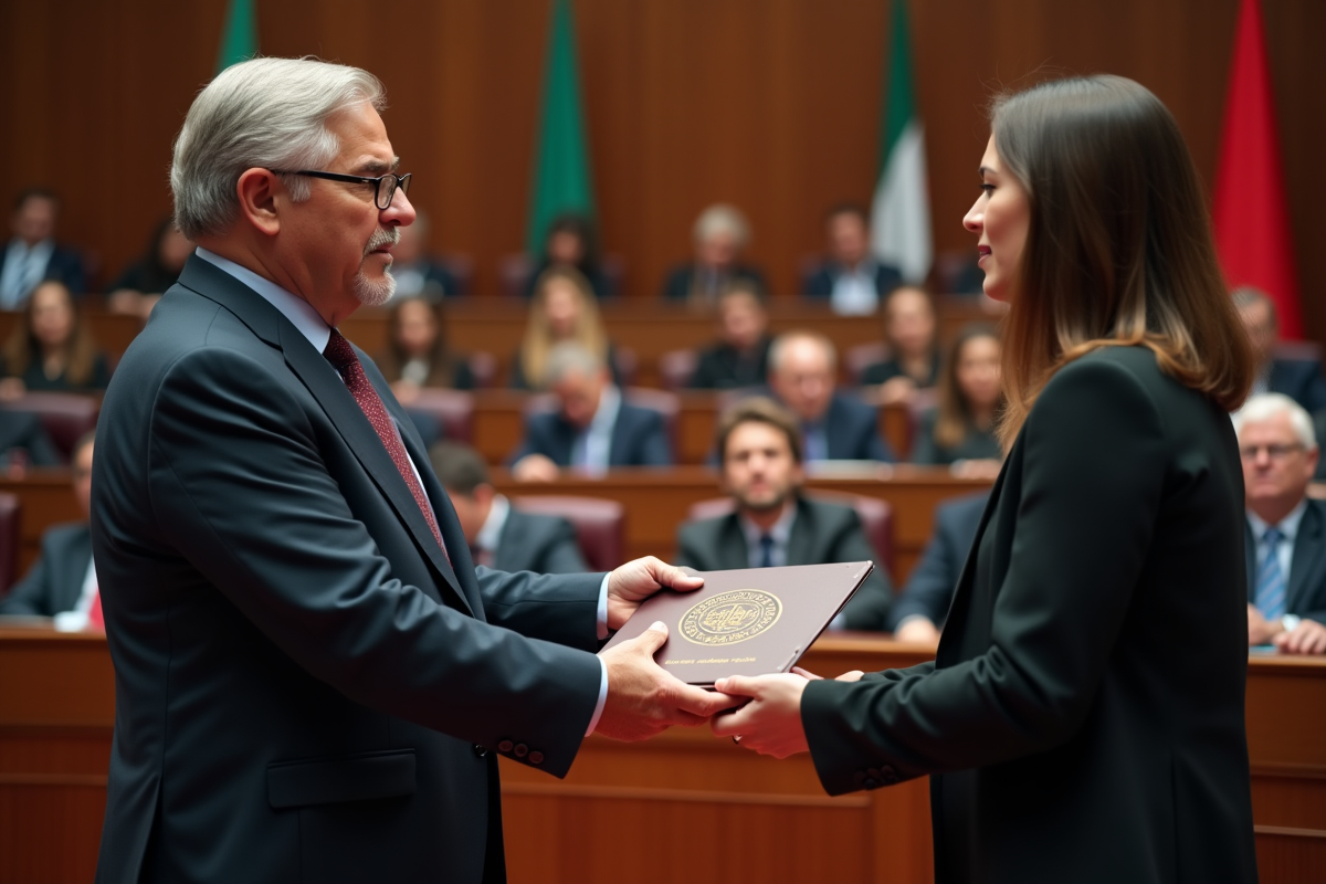 Officiel remettant un diplôme à une jeune femme lors d