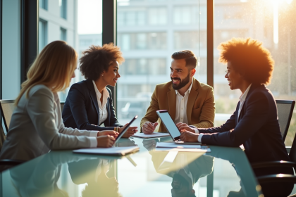 Réunion de bureau moderne avec professionnels divers