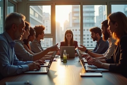 Groupe de professionnels en réunion collaborative dans un bureau lumineux