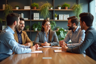 Groupe de professionnels en réunion dans une salle moderne