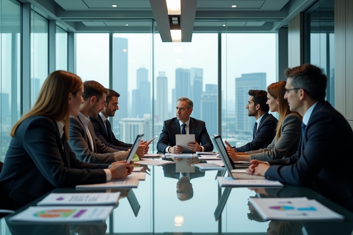 Groupe de professionnels en réunion d'affaires modernes