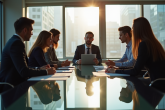 Groupe de professionnels en discussion dans une salle lumineuse