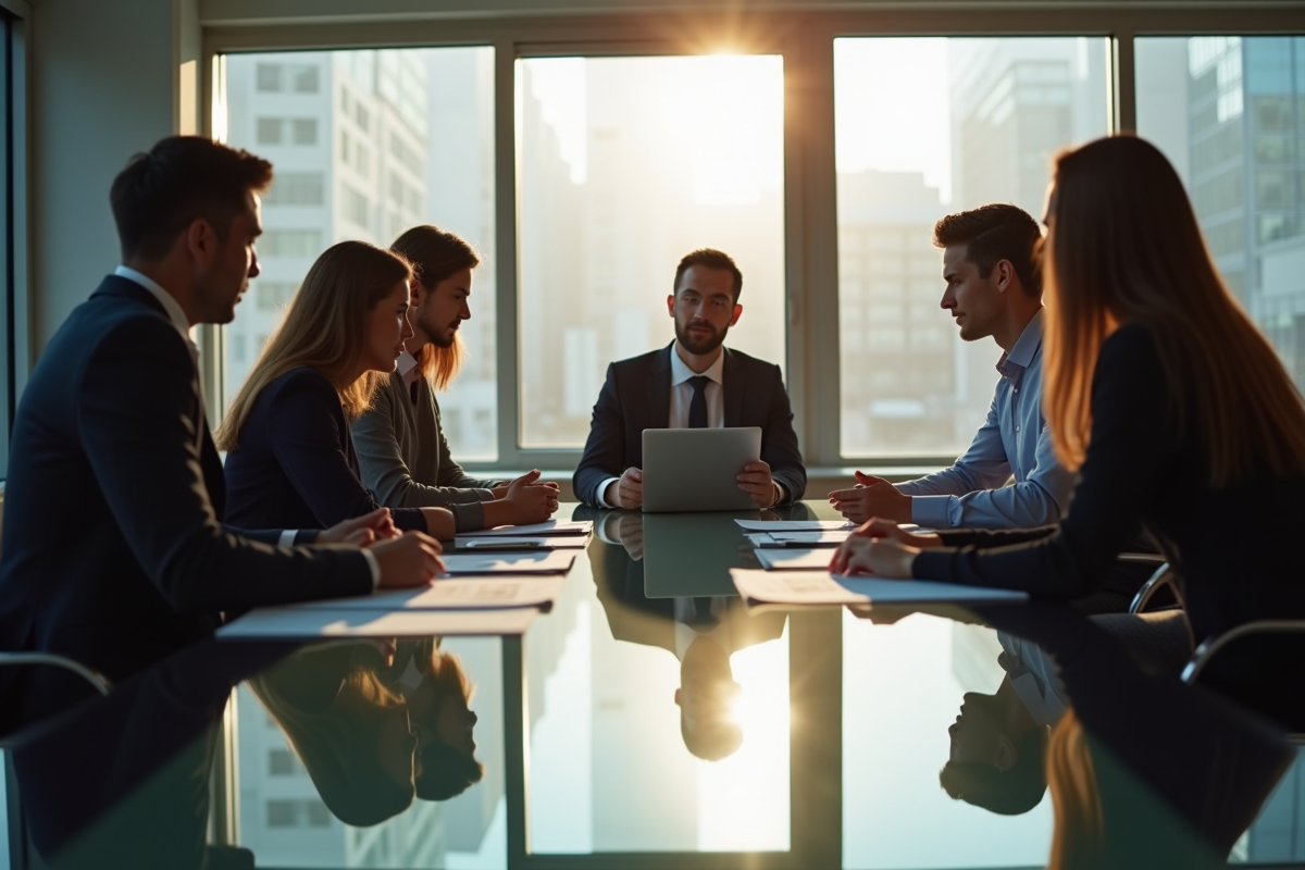 Groupe de professionnels en discussion dans une salle lumineuse