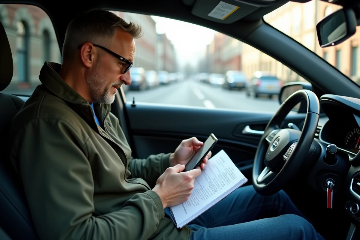 Homme dans une voiture révisant les questions du code de la route sur smartphone avec un PDF imprimé sur le siège passager