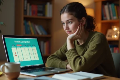 Jeune femme révisant la conjugaison du passé simple du verbe tener sur un quiz interactif en ligne