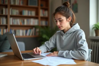 Jeune femme révisant les questions du permis de conduire avec des fiches PDF et un quiz en ligne sur laptop à son bureau