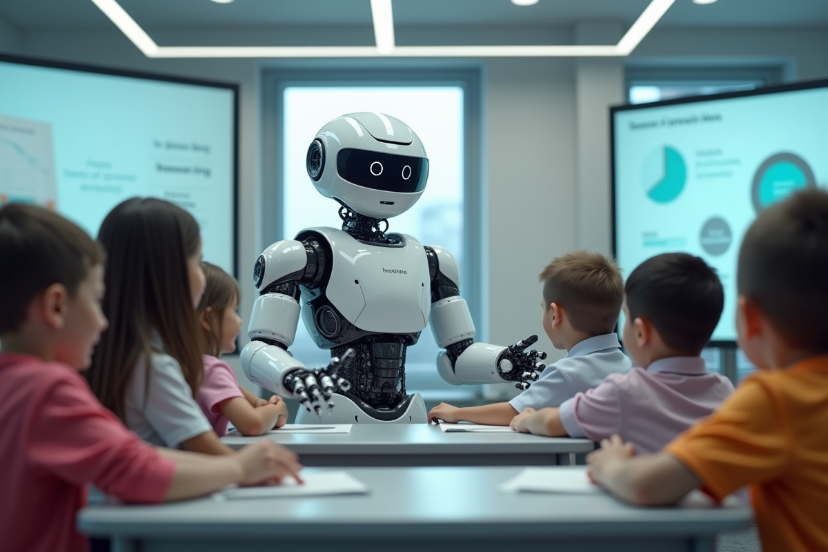 Robot enseignant avec enfants dans classe futuriste