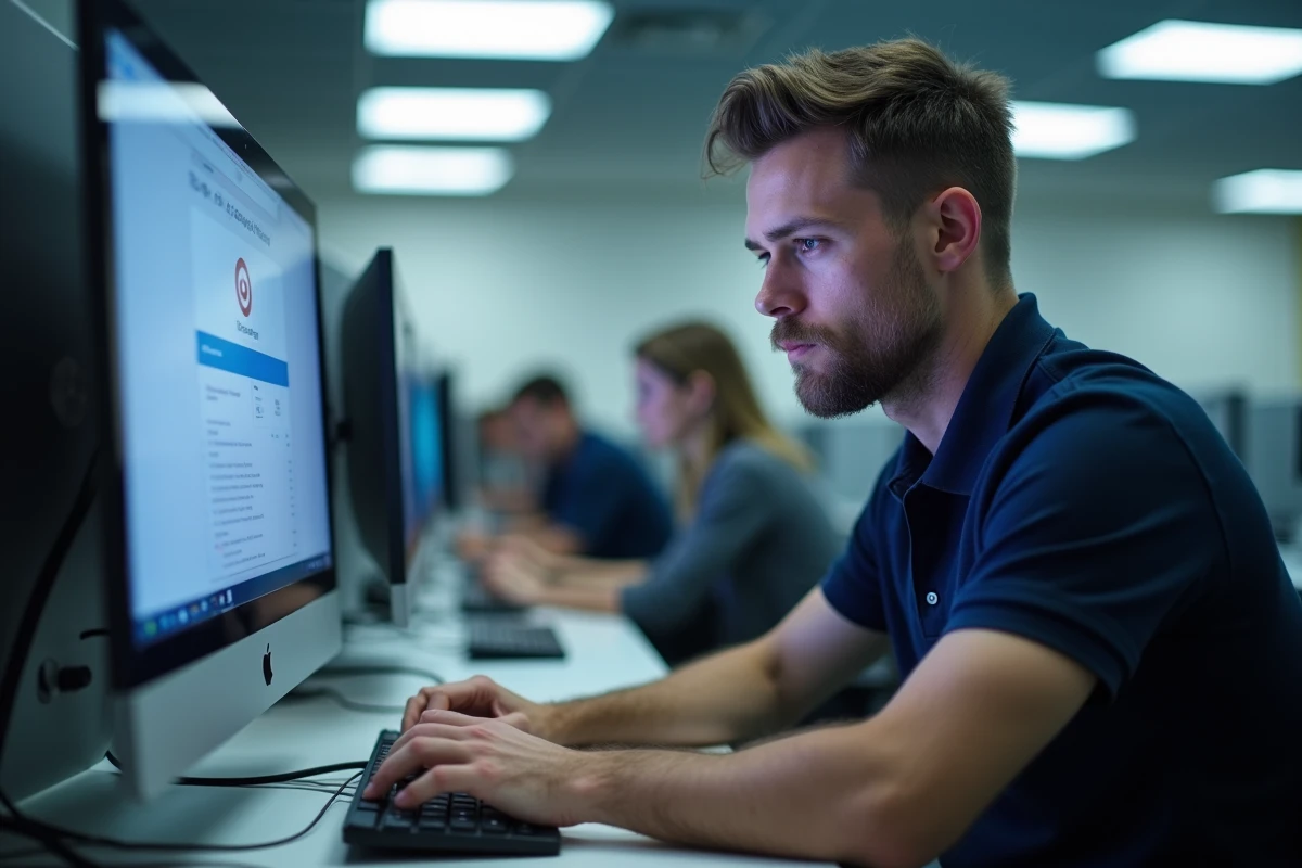 Étudiant en salle informatique universitaire tentant de résoudre un problème de connexion sur son poste de travail