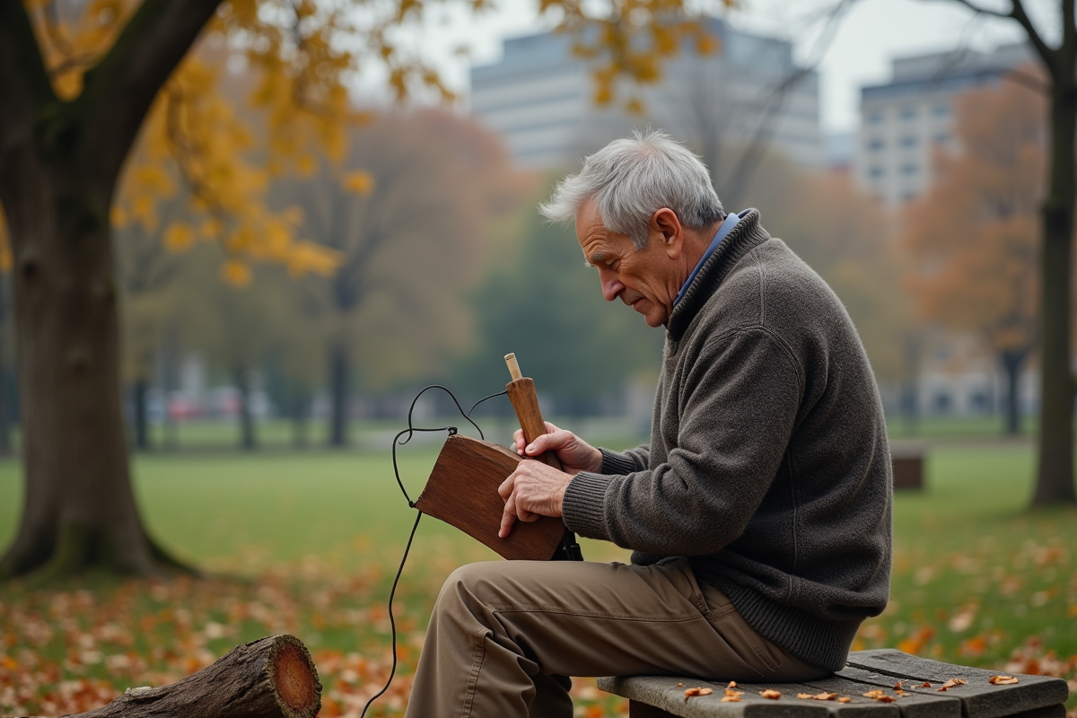Homme âgé sculptant une œuvre en bois dans un parc
