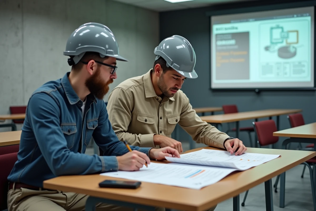 Deux stagiaires en formation BTP comparant des grilles tarifaires dans une salle de cours professionnelle