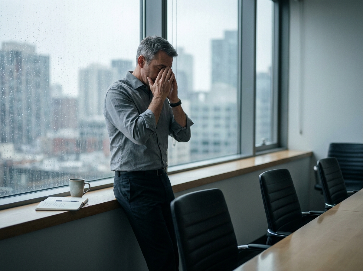 Homme en entreprise montrant des signes de stress au bureau près d'une fenêtre