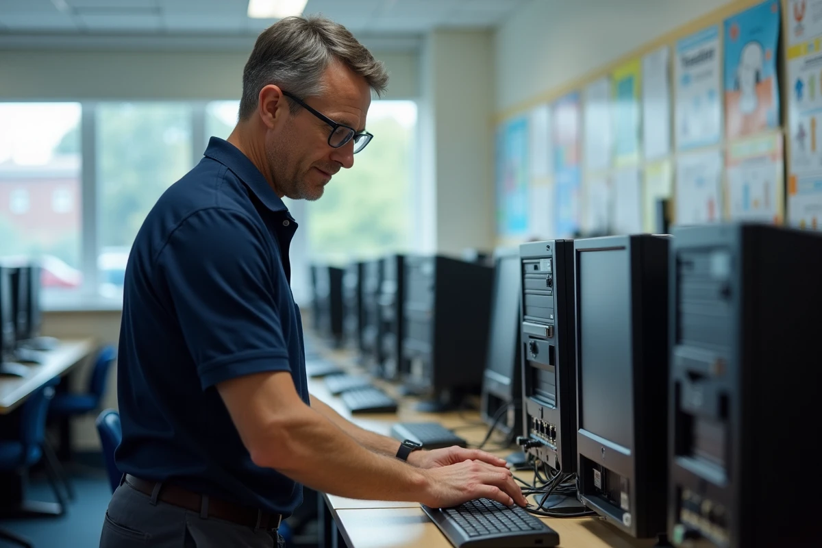 Technicien informatique connectant un câble réseau dans une salle de classe