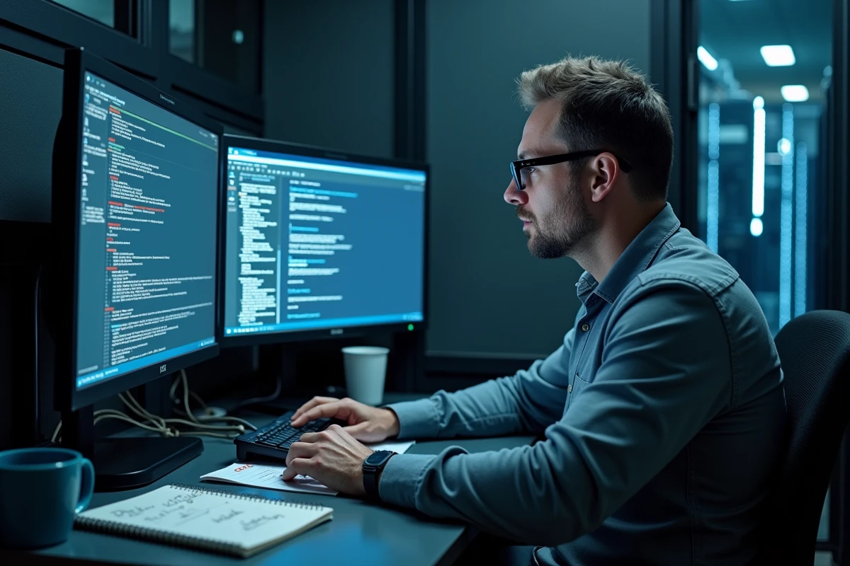 Technicien informatique vérifiant les paramètres réseau d'un extranet ESG en panne sur un poste de travail double écran