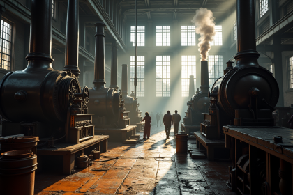 Intérieur d'une usine du XIXe siècle avec machines à vapeur en activité
