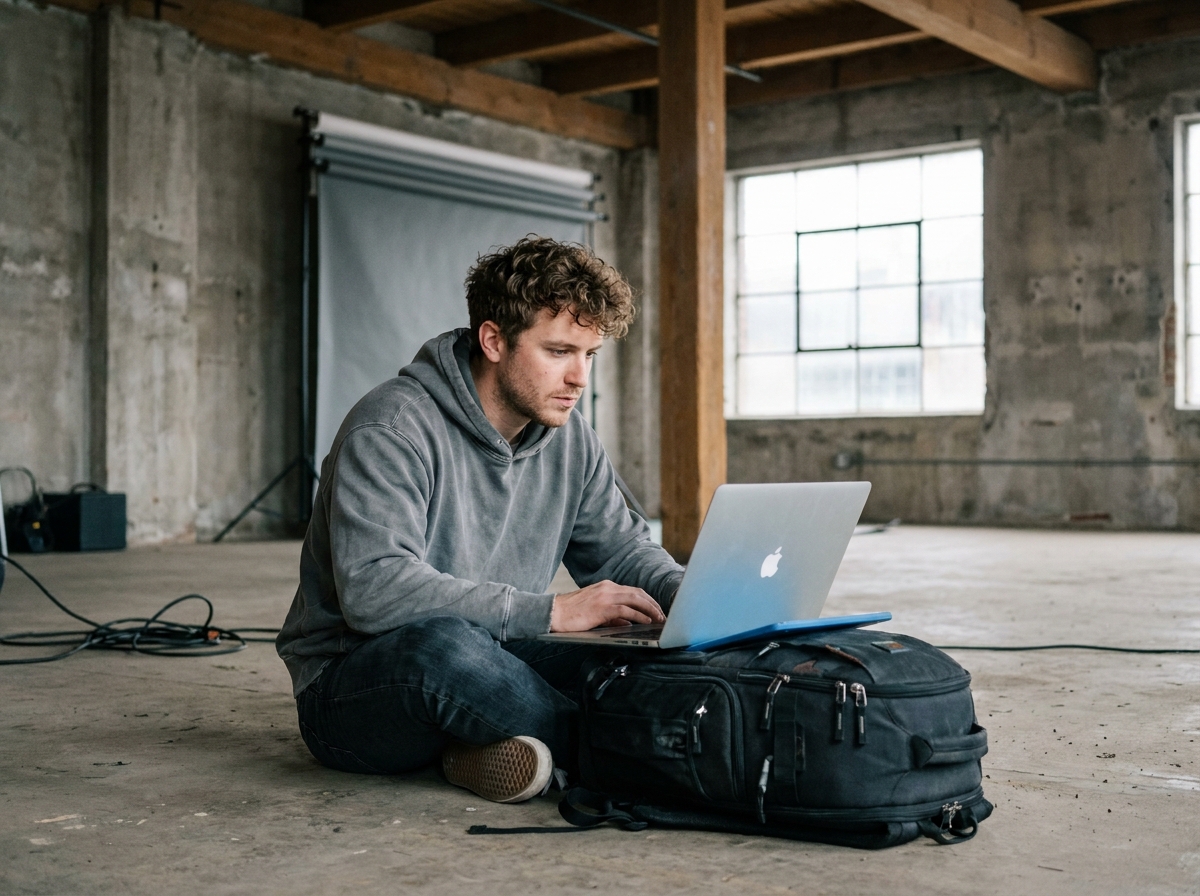 Jeune vidéaste assis au sol dans un studio industriel brut, consultant des rushes sur ordinateur portable, représentant les métiers de l'image créatifs et indépendants