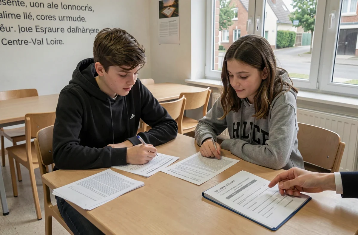 Deux lycéens révisant leurs cours d'histoire avec l'aide de Voscours dans un espace d'apprentissage en Centre-Val de Loire